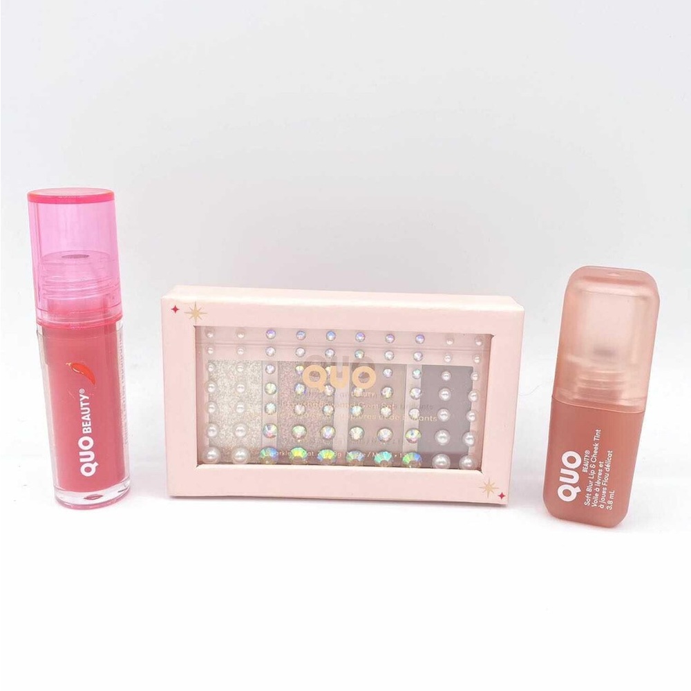 NEW 3 Assorted Quo Beauty Products Eyeshadow & Gem, Lip & Cheek Tint, Lip Oil